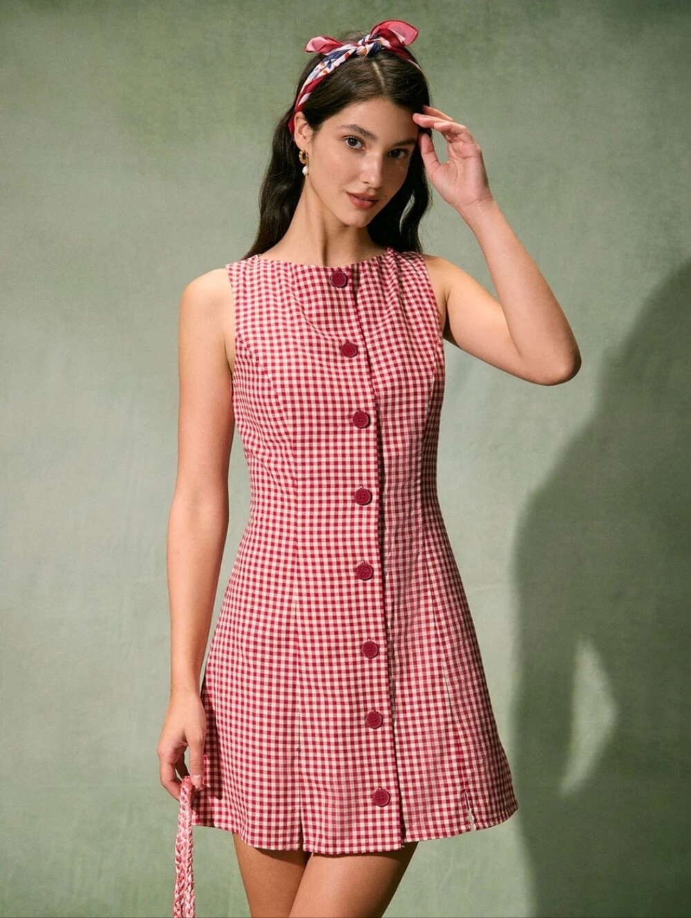 Rihoas | The Red Boat Neck Plaid Gingham Picnic Mini Dress New Size Medium